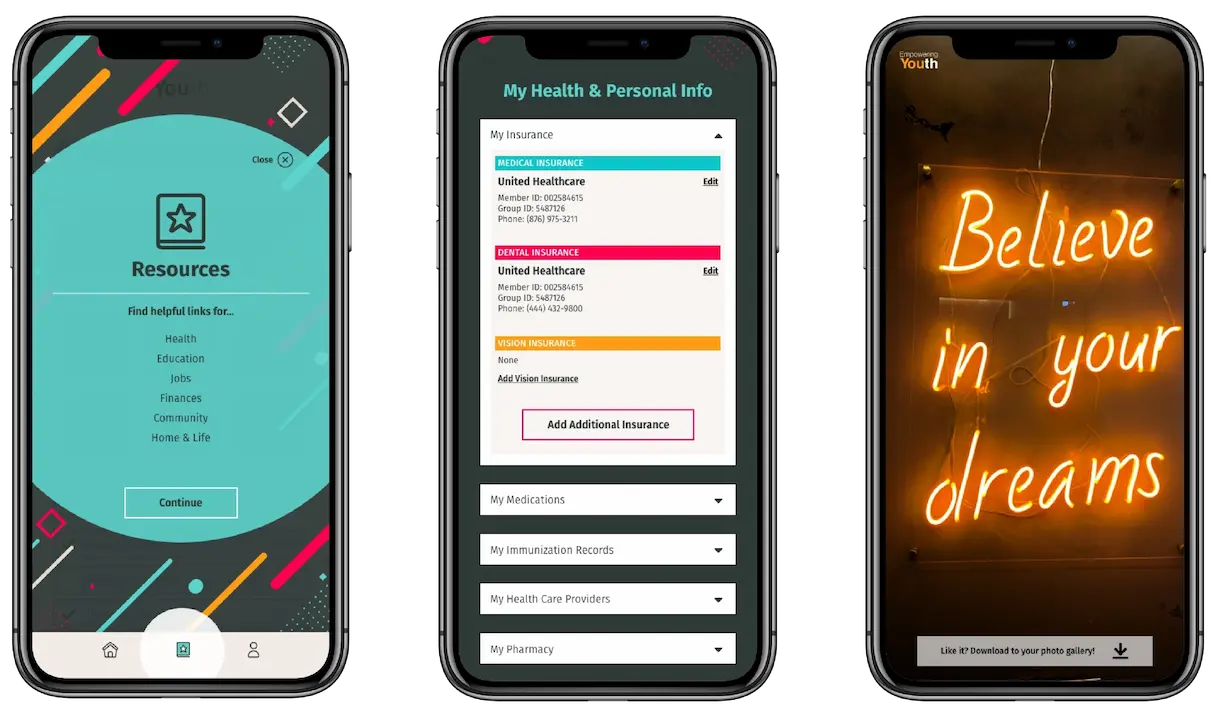 empowering youth app showing on a group of 3 mobile phones